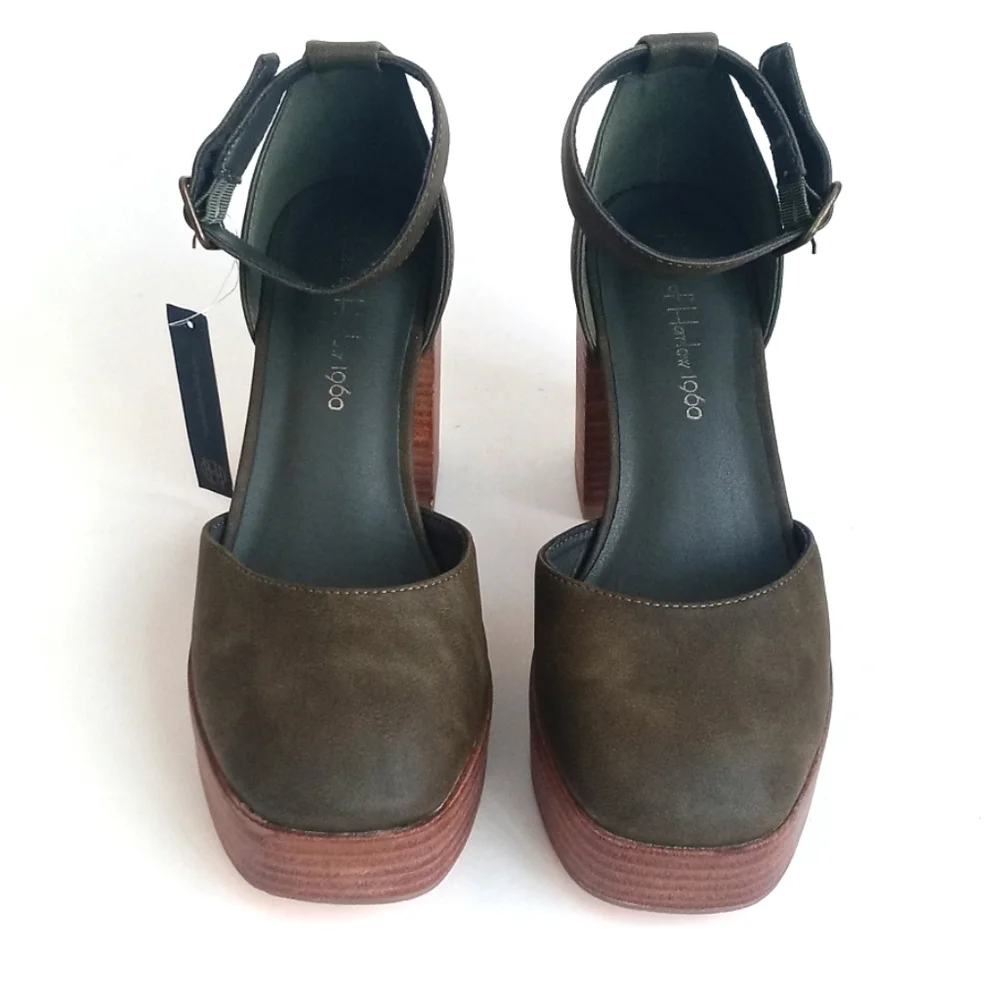 House of Harlow 1960 Olive Green Square Toe Ankle Strap Platform Heels 8M - Picture 2 of 16